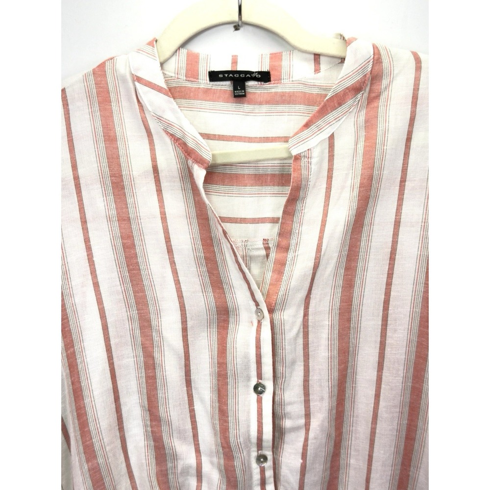 Staccato L Coral White Stripe Hi Lo Button Blouse Shirt Hem Roll Tab Slv Linen - Picture 2 of 10